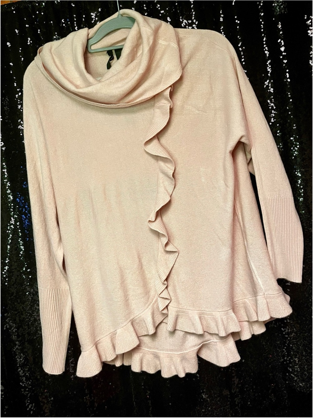 New Directions Pink Ruffle Cowl Neck Sweater Knit Pullover Long Sleeve Women’s